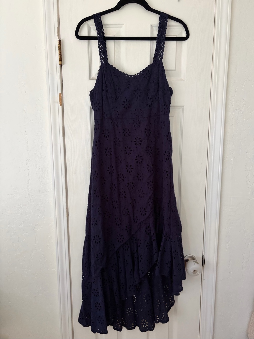 Lulus Adoring Days Navy Blue Eyelet Ruffled Asymmetrical Dress